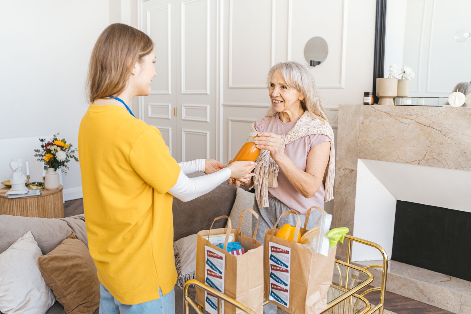 A support worker handing groceries to a woman at home